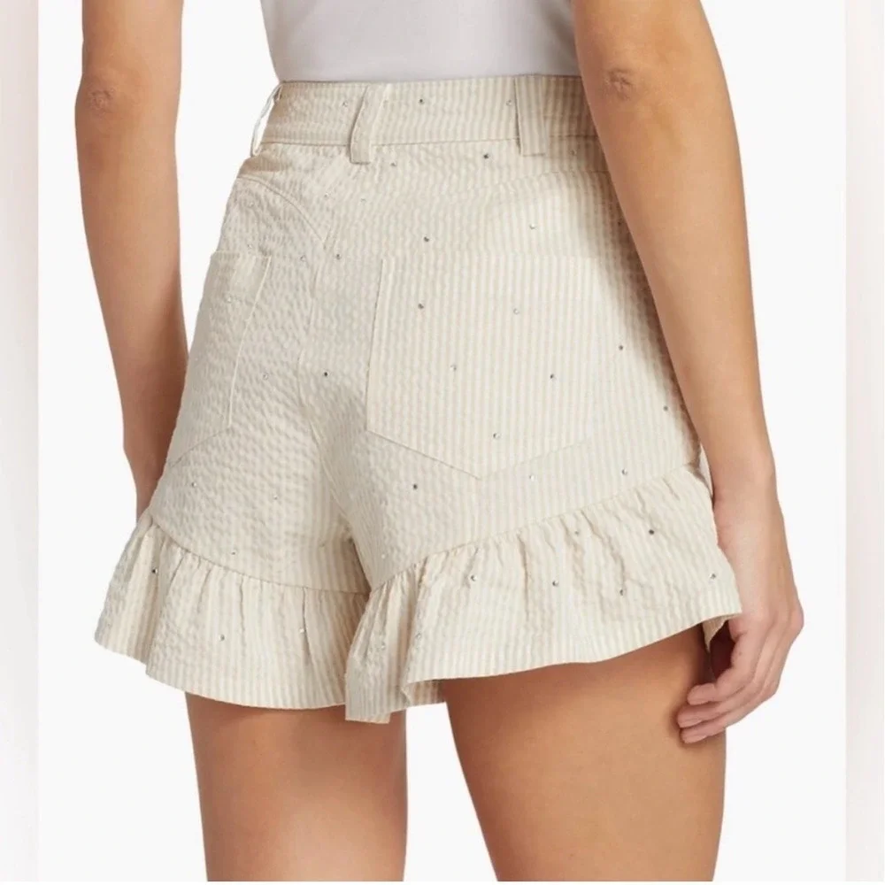 Cinq A‎ Sept Neema Rhinestone Seersucker Shorts Cream Ruffle Chic 10 Striped
